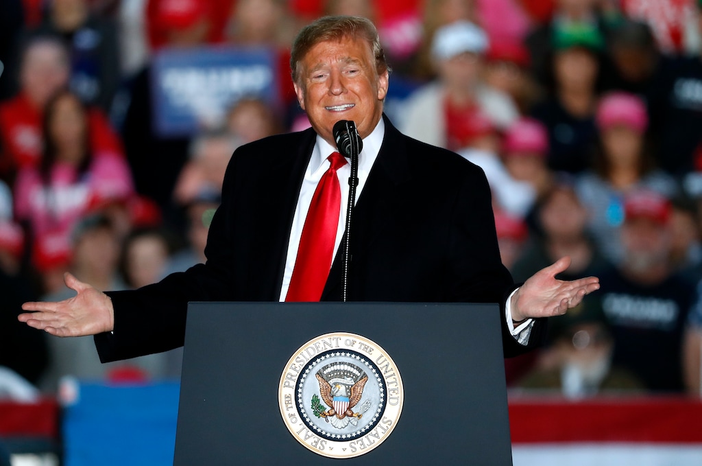 (Jeff Roberson | The Associated Press) President Donald Trump speaks during a rally at Southern Illinois Airport Saturday, Oct. 27, 2018, in Murphysboro, Ill.