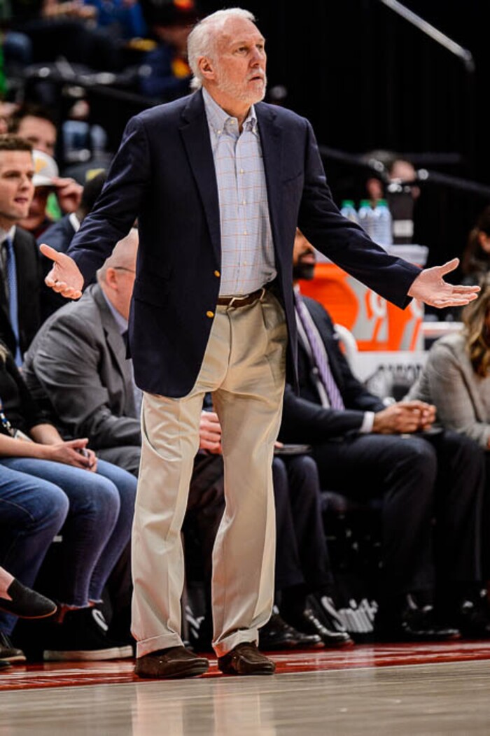 (Trent Nelson | The Salt Lake Tribune)  
San Antonio Spurs head coach Gregg Popovich as the Utah Jazz host the San Antonio Spurs, NBA basketball in Salt Lake City on Saturday Feb. 9, 2019.