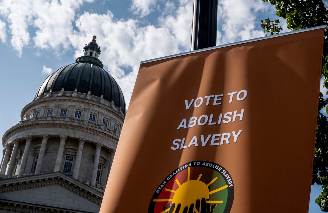 (Leah Hogsten  |  The Salt Lake Tribune)The Utah Coalition to Abolish Slavery kicked off its campaign for Amendment C to remove old wording in the state constitution that they say still allows slavery as a punishment for crime. Rep. Sandra Hollins, D-Salt Lake and Sen. Jake Andergg, R-Lehi are sponsors of the bill.