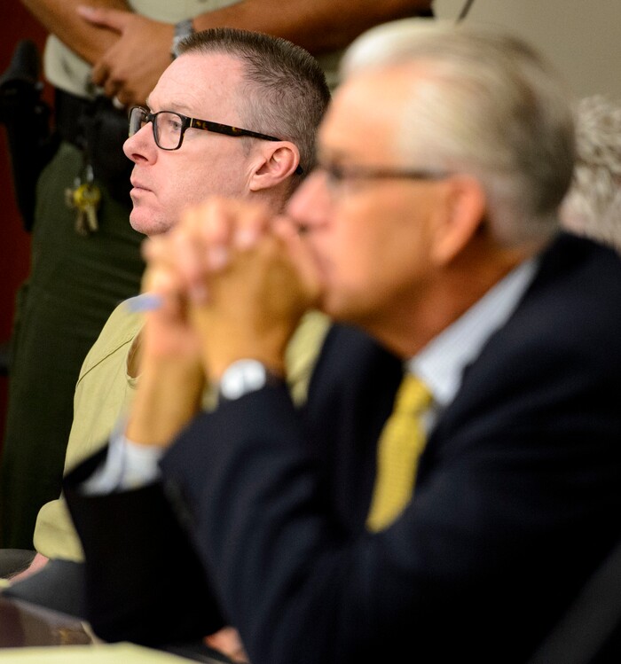 (Steve Griffin  |  The Salt Lake Tribune)  Craig Crawford, listens as Third District Judge James Blanch sentences him  to life in prison without the possibility of parole after Crawford admitted that he trapped his 72-year-old estranged husband, well-known restaurateur John Williams, inside his home and then set it ablaze last year. Sentencing was at the Matheson Courthouse in Salt Lake City Thursday August 31, 2017.