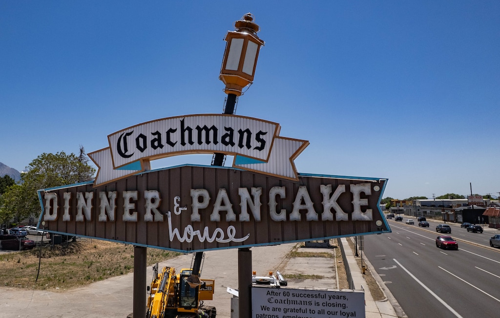 (Francisco Kjolseth | The Salt Lake Tribune) The sign for Coachman's Dinner & Pancake House, an iconic 1960s-era diner on State Street that closed in 2021, is pictured on Thursday, June 4, 2026.