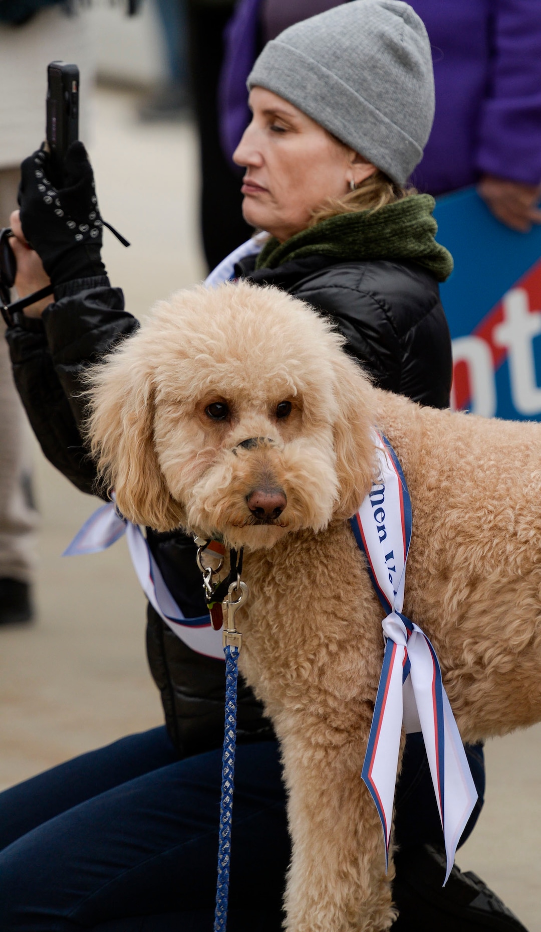 (Leah Hogsten  |  The Salt Lake Tribune)  Truman rallies at the Capitol with his owner Heather Shepherd. League of Women Voters of Salt Lake and Utah rally on Friday, Feb. 14, 2020 in celebration of 150 years since Utah women voted, 100 years of the 19th Amendment and the 100th anniversary of League of Women Voters.