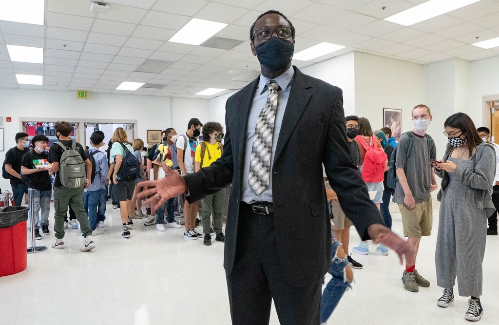 (Francisco Kjolseth | The Salt Lake Tribune) New Salt Lake City School District superintendent Timothy Gadson tours East High School on the first day back for the fall session on Tuesday, Aug. 24, 2021. Most students, according to the superintendent, have been wearing masks and he won't do more to enforce the requirement.