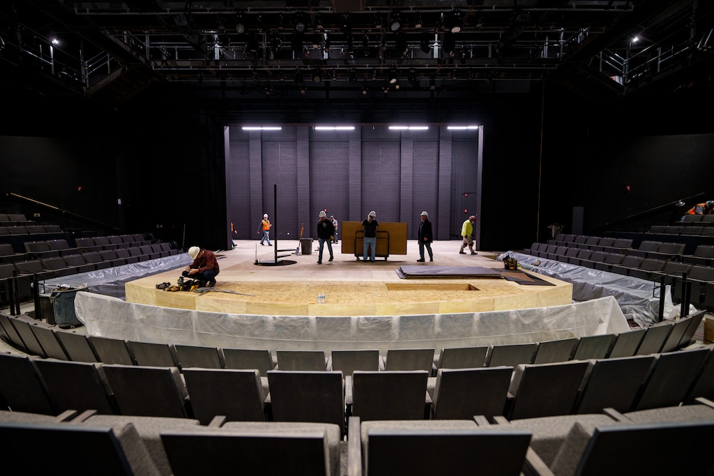 (Trent Nelson | The Salt Lake Tribune) Workers at Pioneer Theatre Company's new theatre space, the Meldrum Theatre at the Einar Nielsen Fieldhouse in Salt Lake City on Friday, March 15, 2024.