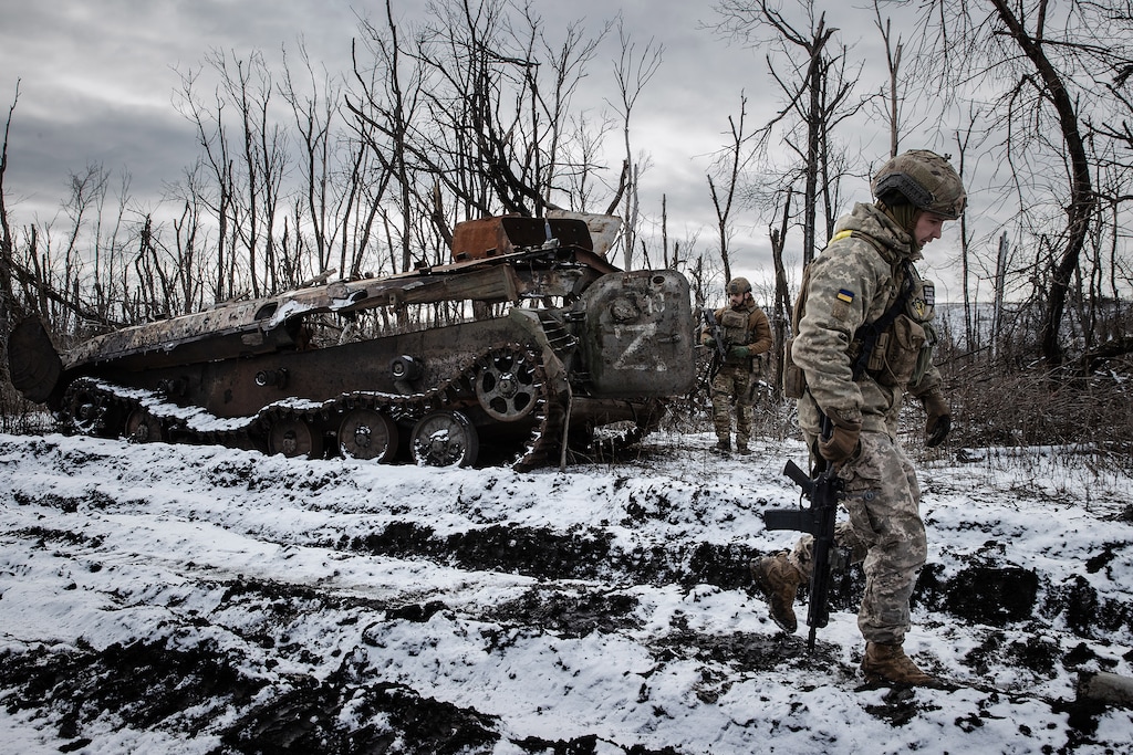 (Tyler Hicks | The New York Times) Ukrainian troops from the 93rd Separate Mechanized Brigade on Jan. 29, 2024, in former Russian-held territory outside Bakhmut that they regained control of last month.