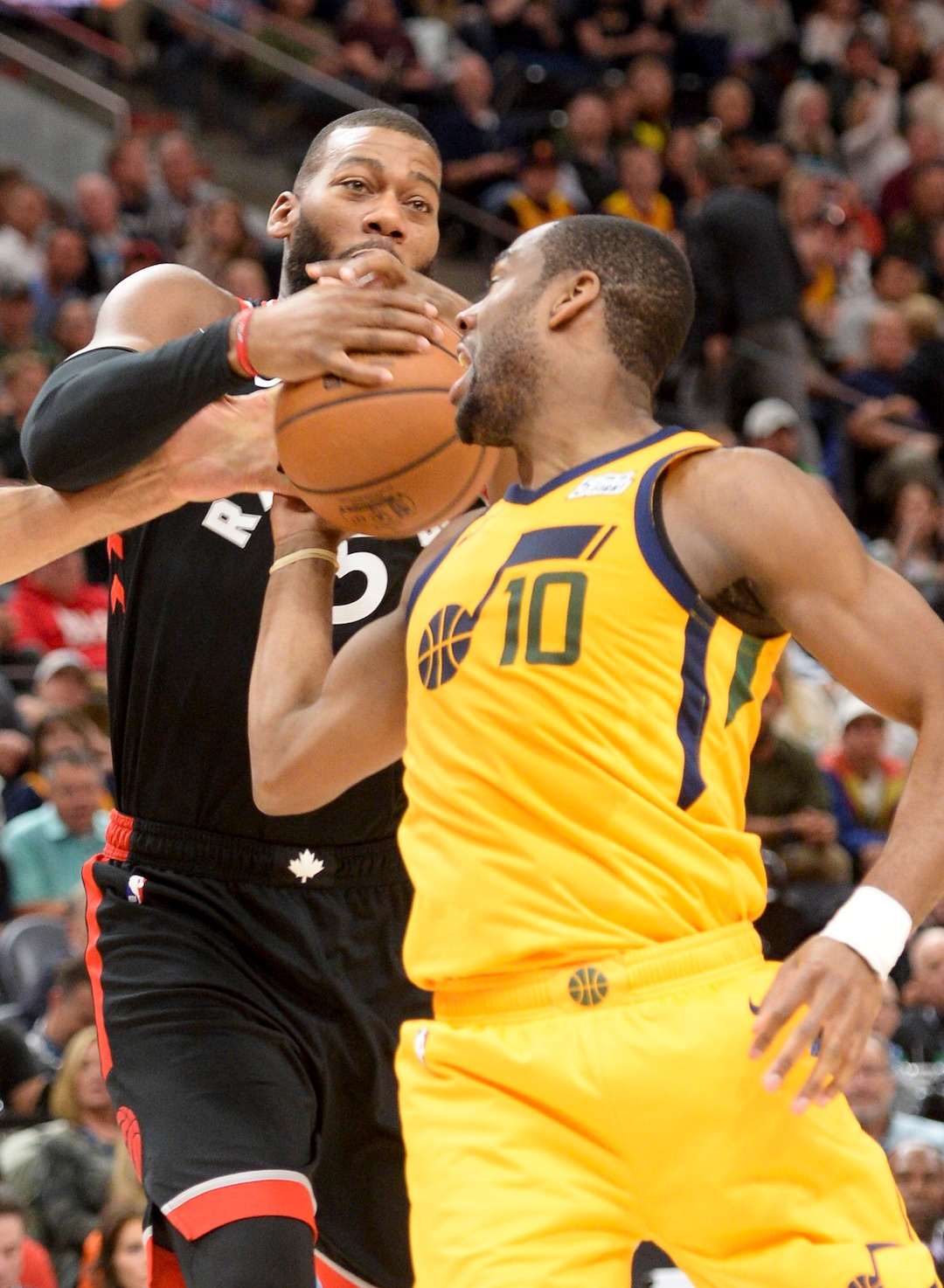 Leah Hogsten  |  The Salt Lake Tribune  Utah Jazz guard Alec Burks (10) loses the rebound to Toronto Raptors center Greg Monroe (15) in the second half as the Utah Jazz lose to the Toronto Raptors, 111-124, Monday, Nov. 5, 2018 at  Vivint Smart Home Arena.