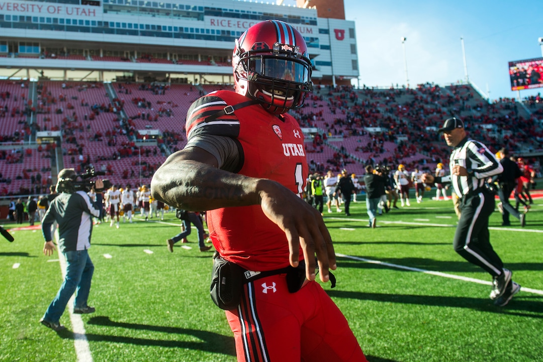 (Chris Detrick  |  The Salt Lake Tribune)  Utah Utes quarterback Tyler Huntley (1) yells at photographers for taking his picture as he walks off of the field after the game at Rice-Eccles Stadium Saturday, October 21, 2017.  Arizona State Sun Devils defeated Utah Utes 30-10.