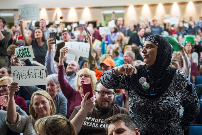 Chris Detrick  |  The Salt Lake Tribune
Noor Ul-Hasan asks a question during the town-hall meeting with U.S. Rep. Jason Chaffetz, R-Utah, in Brighton High School Thursday February 9, 2017. 