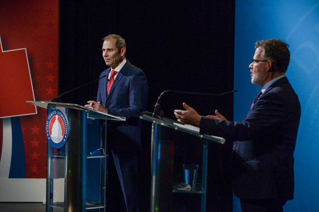 (Leah Hogsten | The Salt Lake Tribune) The candidates for Utah's 3rd Congressional District race between Incumbent Republican Rep. John Curtis (left) and Democrat Devin Thorpe (right) for the 3rd District seat in the U.S. House of Representatives, debate on Thursday, October 15, 2020.