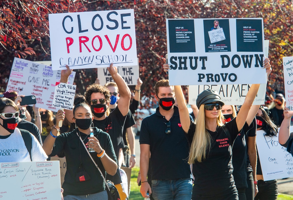 (Rick Egan  |  The Salt Lake Tribune)  Paris Hilton leads a march to the Provo Canyon School during a rally calling for the closure of Provo Canyon School, a residential treatment center in Utah she attended when she was a teen, on Friday, Oct. 9, 2020.
