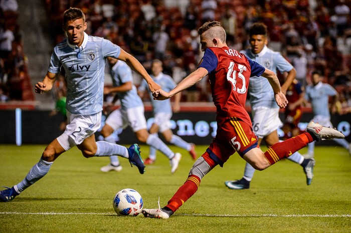 (Trent Nelson | The Salt Lake Tribune)
Andrew Brody defended by Sporting Kansas City defender Amer Didic (2) as Real Salt Lake hosts Sporting Kansas City in a U.S. Open Cup match in Sandy, Wednesday June 6, 2018.