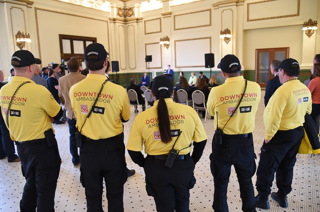 (Francisco Kjolseth  |  The Salt Lake Tribune)  Downtown Embassadors attend an announcement in the Grand Hall at The Gateway on Tuesday, April 2, 2019, as two new reports claim that The Gateway and the Rio Grande area of downtown Salt Lake City has seen a "dramatic decrease" in crime. Speakers shared details on the efforts and resulting impact the security measures have had on the district.