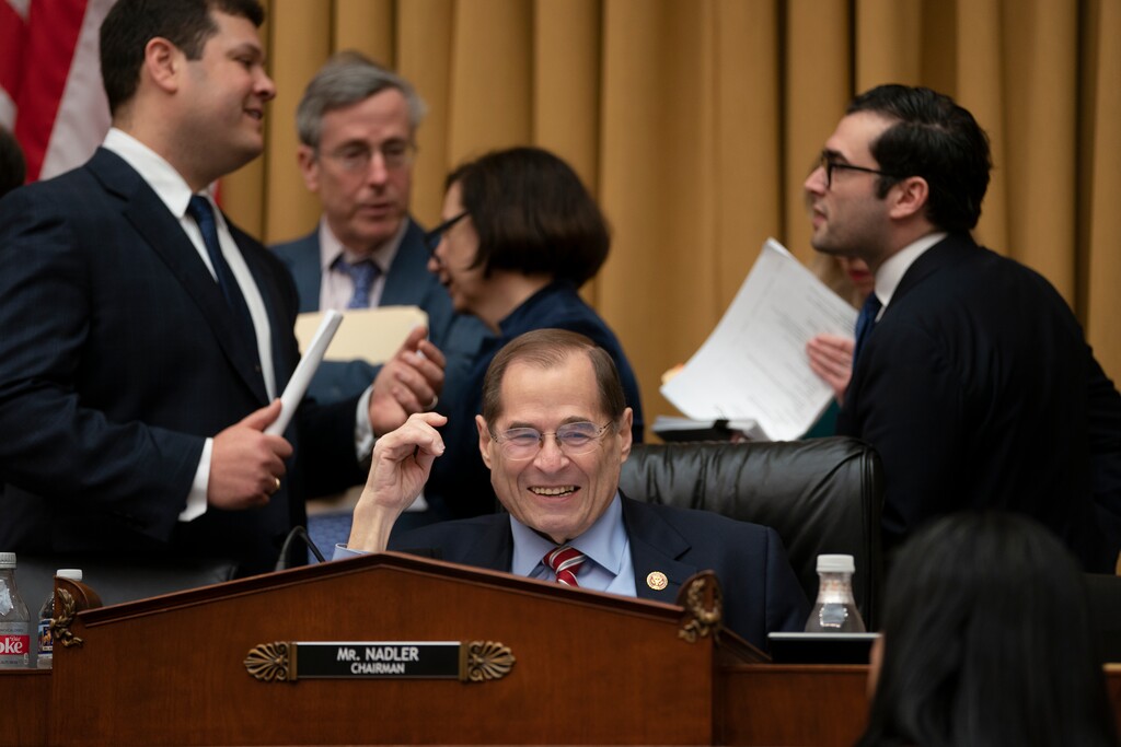 House Judiciary Committee Chair Jerrold Nadler, D-N.Y., surrounded by his staff, passes a resolution to subpoena special counsel Robert Mueller's full report, on Capitol Hill in Washington, Wednesday, April 3, 2019. (AP Photo/J. Scott Applewhite)