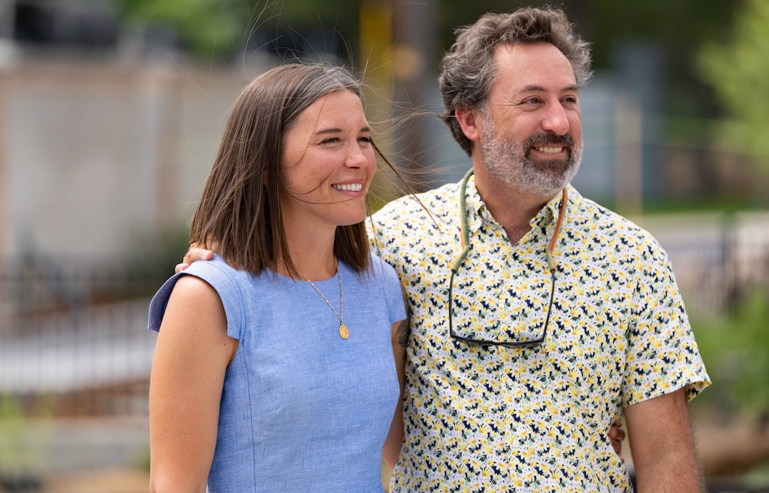(Francisco Kjolseth  |  The Salt Lake Tribune) Salt Lake City Mayor Erin Mendenhall and her husband Kyle LaMalfa, listen in on other speakers during the official opening of the Three Creeks Confluence Park on Wednesday, July 7, 2021, in the Glendale neighborhood.