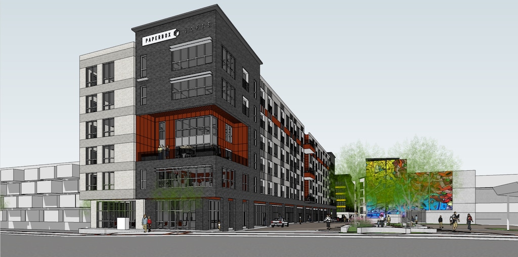 (VCBO Architecture via Salt Lake City)A rendition of the PaperBox Lofts project, to be built at about 340 West 200 South in downtown Salt Lake City. Developers Clearwater Homes and Peg Development broke ground Tuesday to construct three mix-use buildings with a total of 184 residential units and about 2,266 square feet of retail space on the two-acre strip of land, formerly occupied by the Paper Box Company.