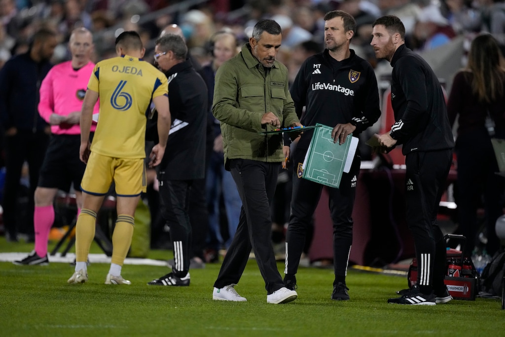 (David Zalubowski | AP) Real Salt Lake head coach Pablo Mastroeni in the second half of an MLS soccer match Saturday, May 20, 2023, in Commerce City, Colo.