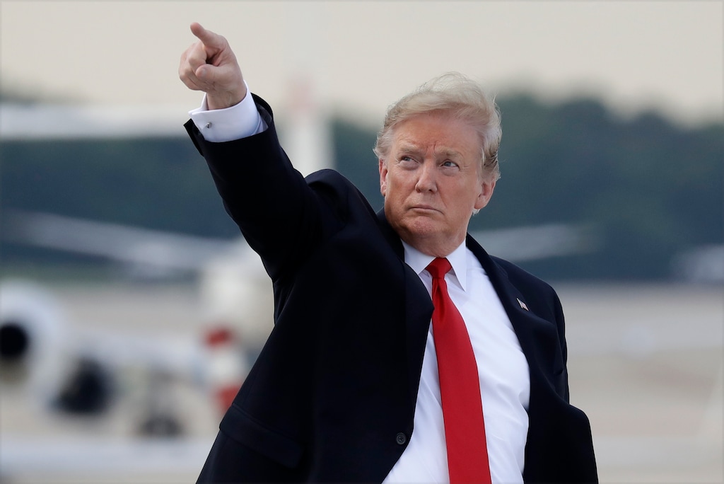 President Donald Trump boards Air Force One for a trip to a Montoursville, Pa., for a campaign rally, Monday, May 20, 2019, at Andrews Air Force Base, Md. (AP Photo/Evan Vucci)