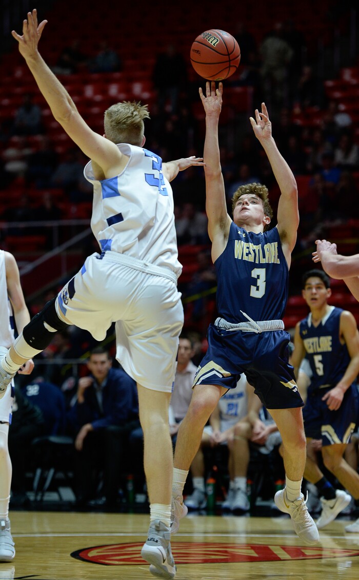 (Francisco Kjolseth  |  The Salt Lake Tribune)  Westlake vs Layton, 6A State high school basketball tournament at the Huntsman Center in Salt Lake City, Thursday March 1, 2018. Austin White (3). 