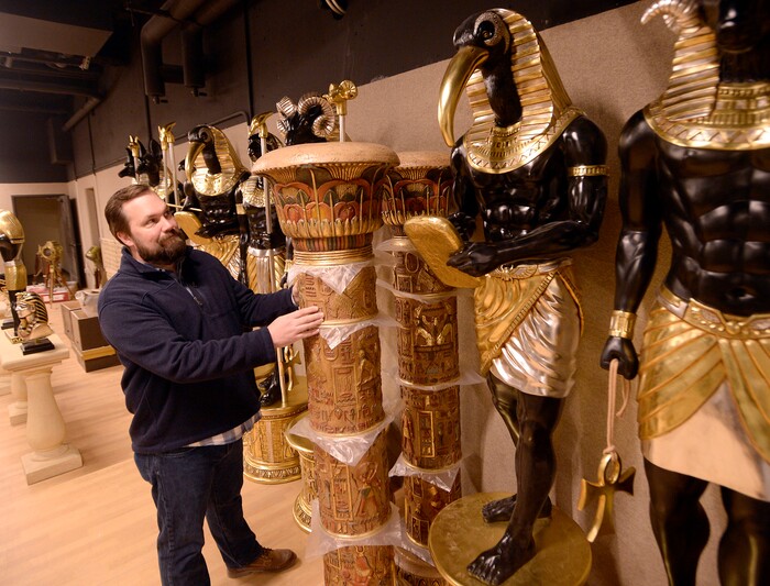 (Al Hartmann | The Salt Lake Tribune)
Kacey Udy, Hale Centre Theatre production designer, checks out the stage props for "Aida," the first show at Sandy's new $80 million theater that opens Nov. 16. Udy calls himself a farm boy from Snowville who helped design the new theater. The show will open on his 39th birthday.