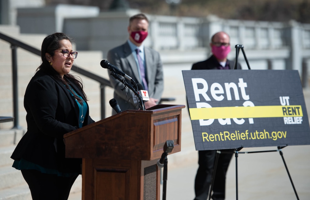 (Francisco Kjolseth | The Salt Lake Tribune) Spanish language interpreter Lina Vega-Morrison translates for the Hispanic community during a press event at the Utah Capitol on Monday, March 15, 2021, to announce the launch of a new online application for Emergency Rental Assistance.