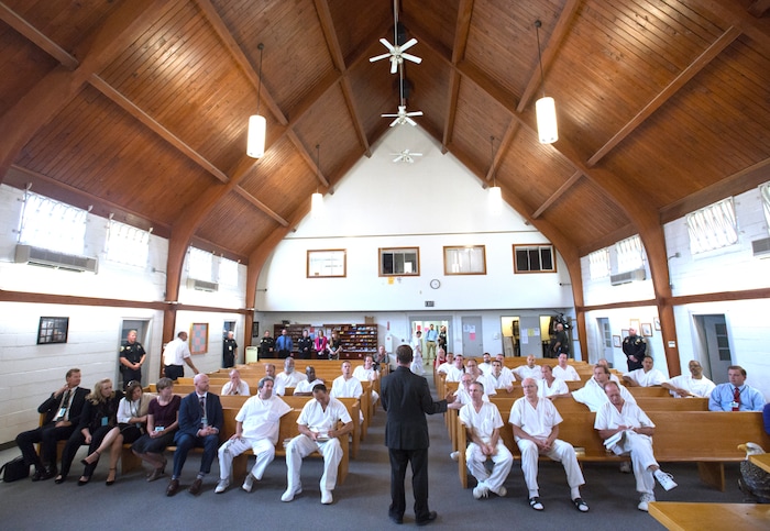 (Rick Egan  |  The Salt Lake Tribune)  Rep. Chris Stewart speaks to inmates at the Utah State Prison, Wednesday, August 23, 2017.


