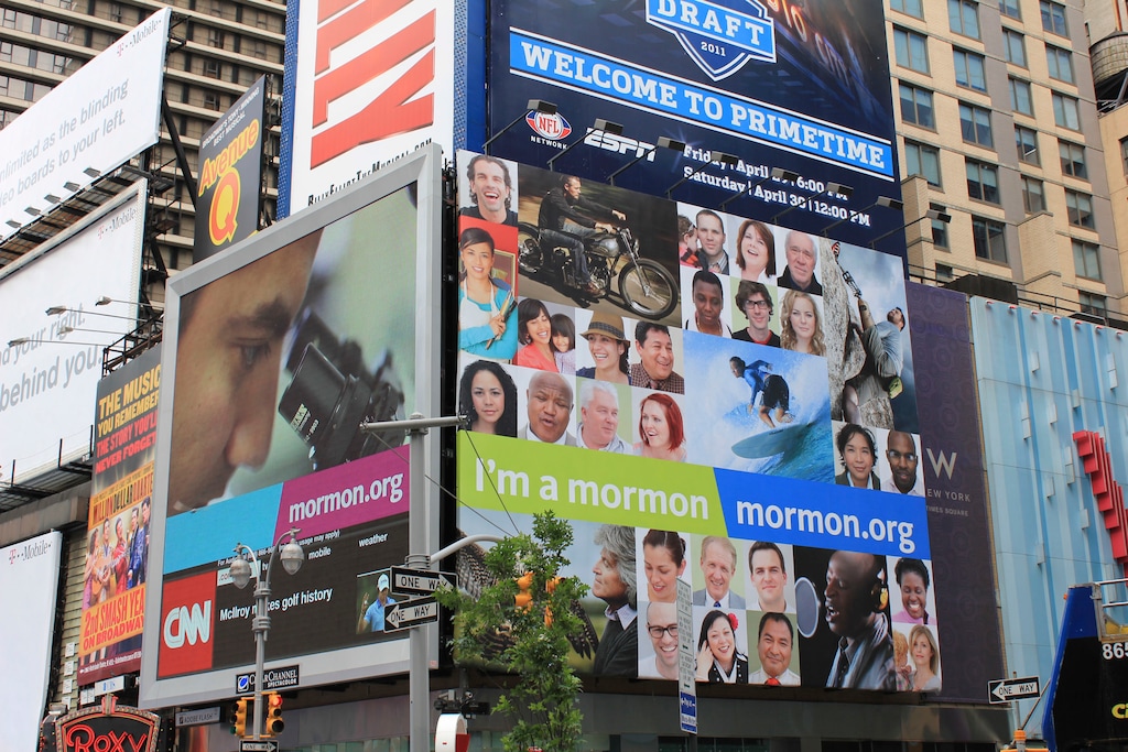(The Church of Jesus Christ of Latter-day Saints)
A previous "I'm a Mormon" ad on display in New York City.