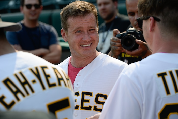 (Francisco Kjolseth  |  The Salt Lake Tribune)  Members of the cast from the movie "The Sandlot," including Smalls (Tom Guiry), center, reunite as the Salt Lake Bees celebrate the 25th anniversary of the Utah-filmed movie at the Smith's Ballpark on Friday, Aug. 10, 2018.