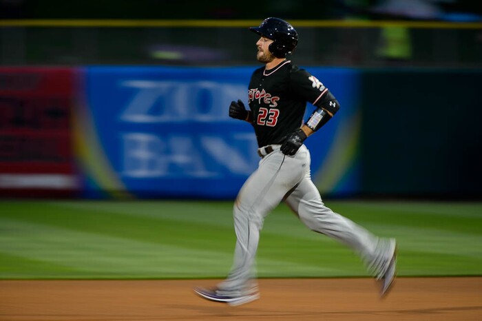 (Trent Nelson | The Salt Lake Tribune)  Salt Lake Bees vs. Albuquerque Isotopes, Triple-A baseball in Salt Lake City, Thursday April 5, 2018. Albuquerque's Tom Murphy (23) rounds the bases after hitting a home run in the fourth inning.