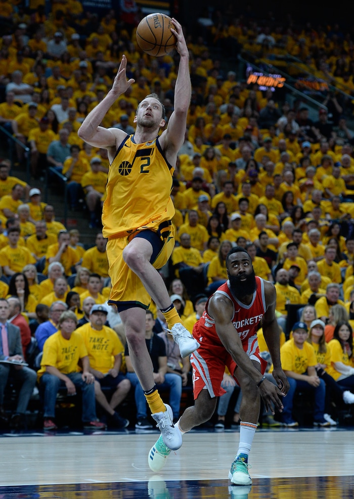 (Francisco Kjolseth | The Salt Lake Tribune) Utah Jazz forward Joe Ingles (2) gets past Houston Rockets guard James Harden (13) in Game 4 of the NBA playoffs at the Vivint Smart Home Arena Sunday, May 6, 2018 in Salt Lake City.