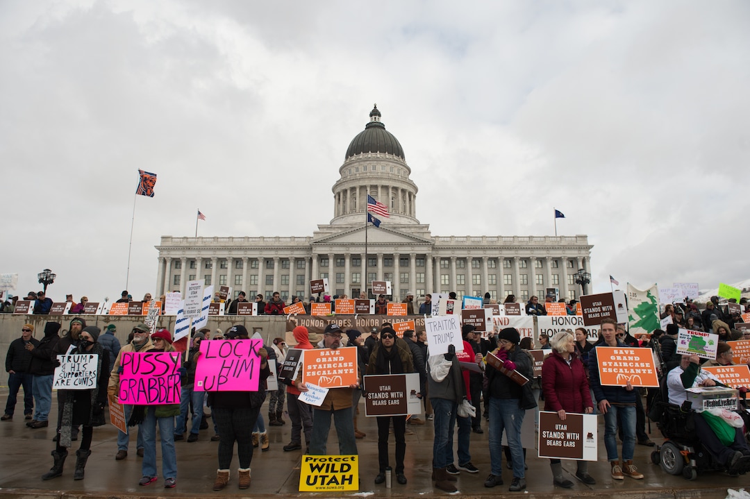 (Rachel Molenda  |  The Salt Lake Tribune)  Protesters gathered on Monday, December 4, 2017. to protest President Donald Trump's plan to shrink Bears Ears and Grand Staircase-Escalante national monuments.