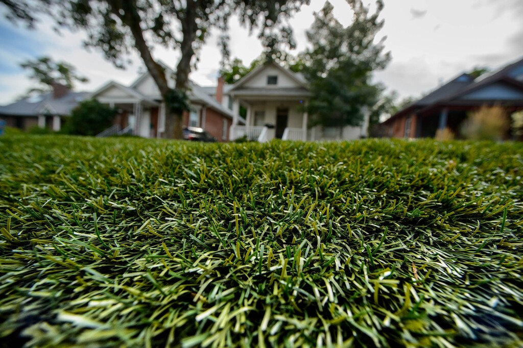 (Trent Nelson | The Salt Lake Tribune) Artificial grass in Matt and Jessica Broadbent's Salt Lake City yard on Tuesday July 9, 2019.