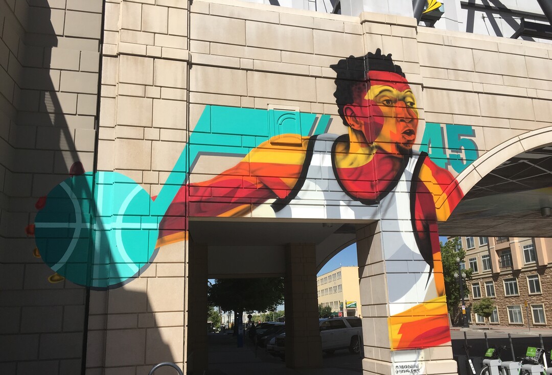 (Sean P. Means  |  The Salt Lake Tribune) A portrait of Utah Jazz star Donovan Mitchell, by artists Jared Ander Smith and Chuck Landvatter, is on a skybridge at The Gateway, at 100 South Rio Grande Ave., Salt Lake City.