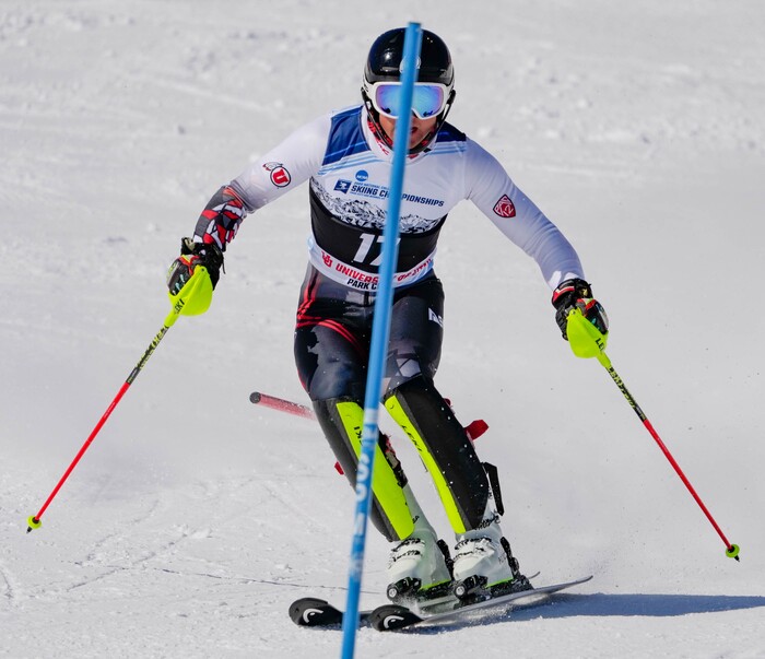 (Francisco Kjolseth | The Salt Lake Tribune) Gustav Vøllo of the University of Utah competes in men’s slalom as he takes second place during the NCAA Skiing Championships held at Park City Mountain Resort on Friday, March 11, 2022, in Park City, Utah.