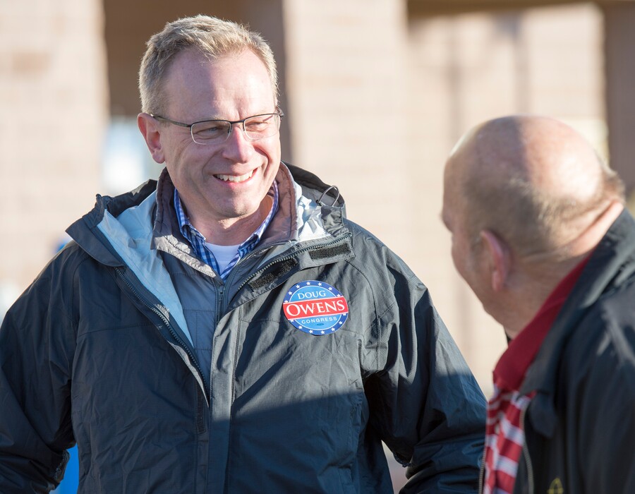 (Rick Egan  |  Tribune file photo) Doug Owens chats with Leroy Tharp as he campaigns in a shopping center in West Jordan, Monday, November 3, 2014