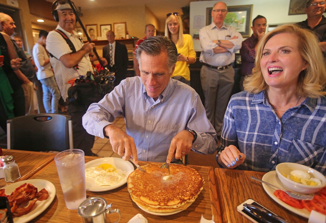 (Rick Bowmer | AP) Mitt and Ann Romney eat breakfast during a campaign breakfast stop at Sill's Cafe Tuesday, June 26, 2018, in Layton.