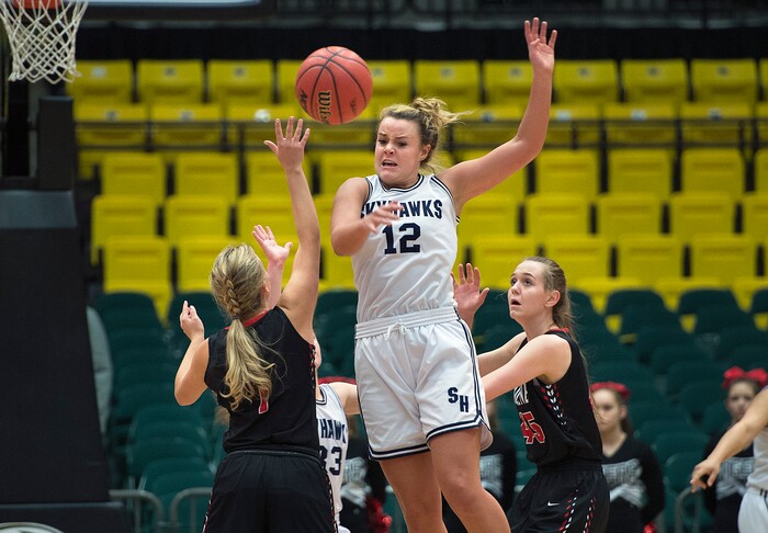 Scott Sommerdorf | The Salt Lake TribuneLauren Gustin swats away a pass during second half play. Gustin grabbed the ball and drove down the court for a layup. Salem Hills beat Hurricane 57-35 for the 4A girl's title, Saturday, March 3, 2018.