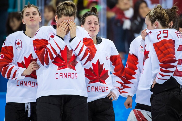 (Chris Detrick  |  The Salt Lake Tribune)  Members of team Canada after the Women's Gold Medal Game at Gangneung Hockey Centre during the Pyeongchang 2018 Winter Olympics Thursday, Feb. 22, 2018. United States defeated Canada 3-2 in a shootout victory. 