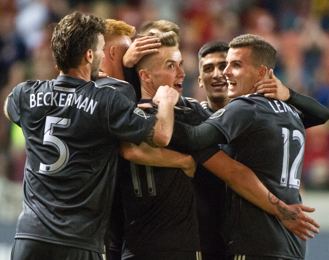 (Rick Egan  |  The Salt Lake Tribune)    Real Salt Lake celebrates the goal by Real Salt Lake midfielder Albert Rusnak (11) late in the game, in MLS soccer action, between Real Salt Lake and Colorado Rapids,  at Rio Tinto Stadium, Saturday, April 21, 2018.