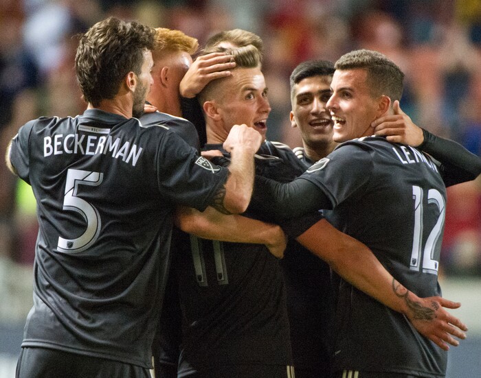 (Rick Egan  |  The Salt Lake Tribune)    Real Salt Lake celebrates the goal by Real Salt Lake midfielder Albert Rusnak (11) late in the game, in MLS soccer action, between Real Salt Lake and Colorado Rapids,  at Rio Tinto Stadium, Saturday, April 21, 2018.


