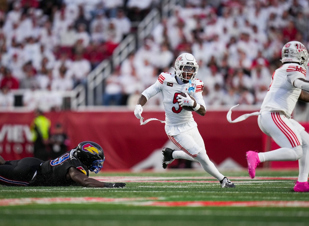 (Bethany Baker  |  The Salt Lake Tribune) Utah Utes running back Daniel Bray (5) runs the ball during the game between the Utah Utes and the Kansas Jayhawks at Rice-Eccles Stadium in Salt Lake City on Saturday, Oct. 10, 2026.
