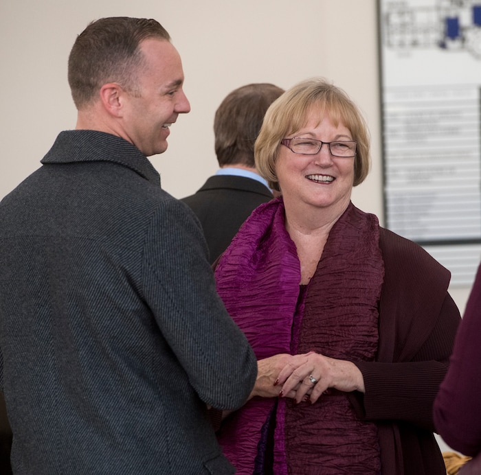 (Rick Egan | The Salt Lake Tribune) Jess Krannich visits with Justice Christine M. Durham, during Judge Durham's retirement reception at the Matheson Courthouse, Monday, November 13, 2017.