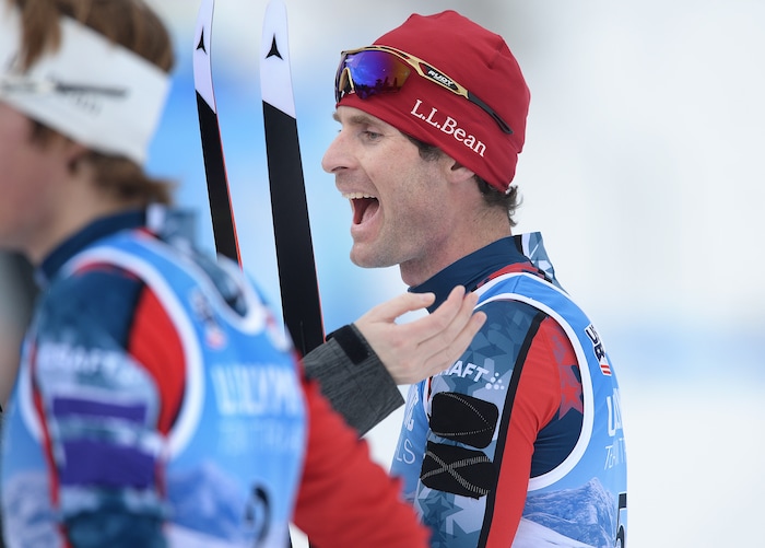 (Scott Sommerdorf   |  The Salt Lake Tribune)   
Bryan Fletcher greets his wife and daughter after winning the Nordic Combined Olympic Trials in Park City, Saturday, December 30, 2017.