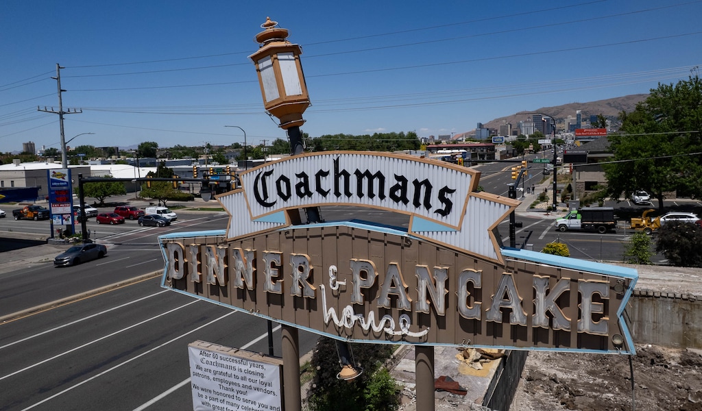 (Francisco Kjolseth | The Salt Lake Tribune) The sign for Coachman's Dinner & Pancake House, an iconic 1960s-era diner on State Street that closed in 2021, is pictured on Thursday, June 4, 2026.