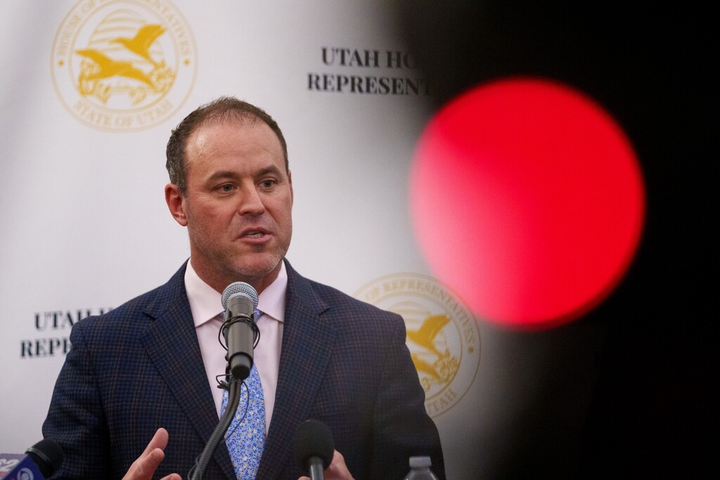 (Trent Nelson  |  The Salt Lake Tribune) House Speaker Mike Schultz, R-Hooper, speaks at a news conference at the Utah Capitol in Salt Lake City on Wednesday, Jan. 10, 2024. Schultz said legislators will change regulations to assert more control over Rocky Mountain Power.