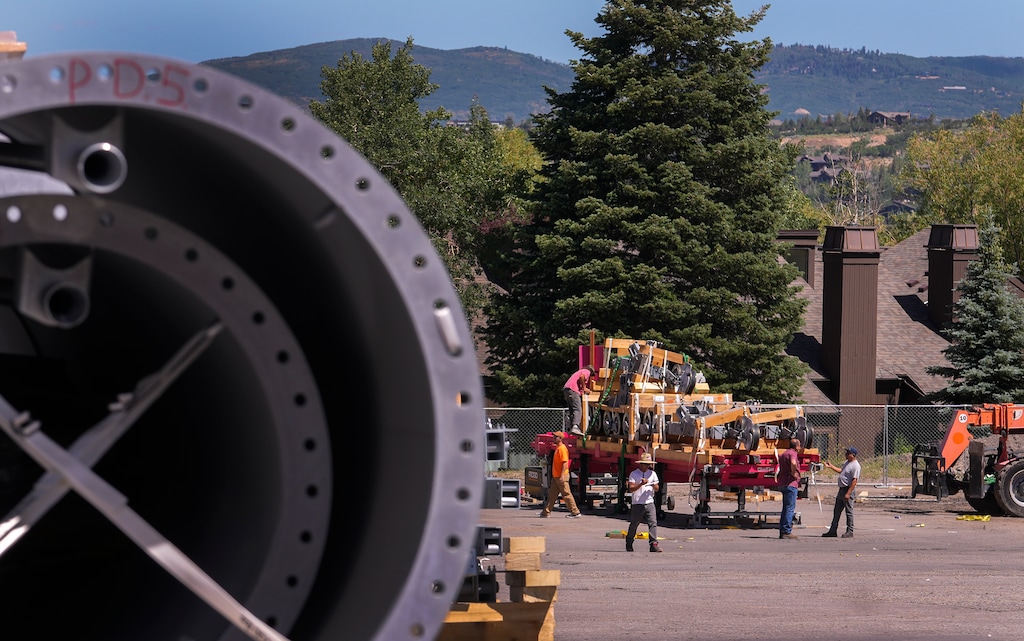 (Leah Hogsten | The Salt Lake Tribune) Park City Mountain Resort employees move parts designated for the resort's new Eagle lift, Thursday, July 7, 2022. Residents last month blocked the resort from being able to install the lift because of discrepancies in resort capacities by two firms.