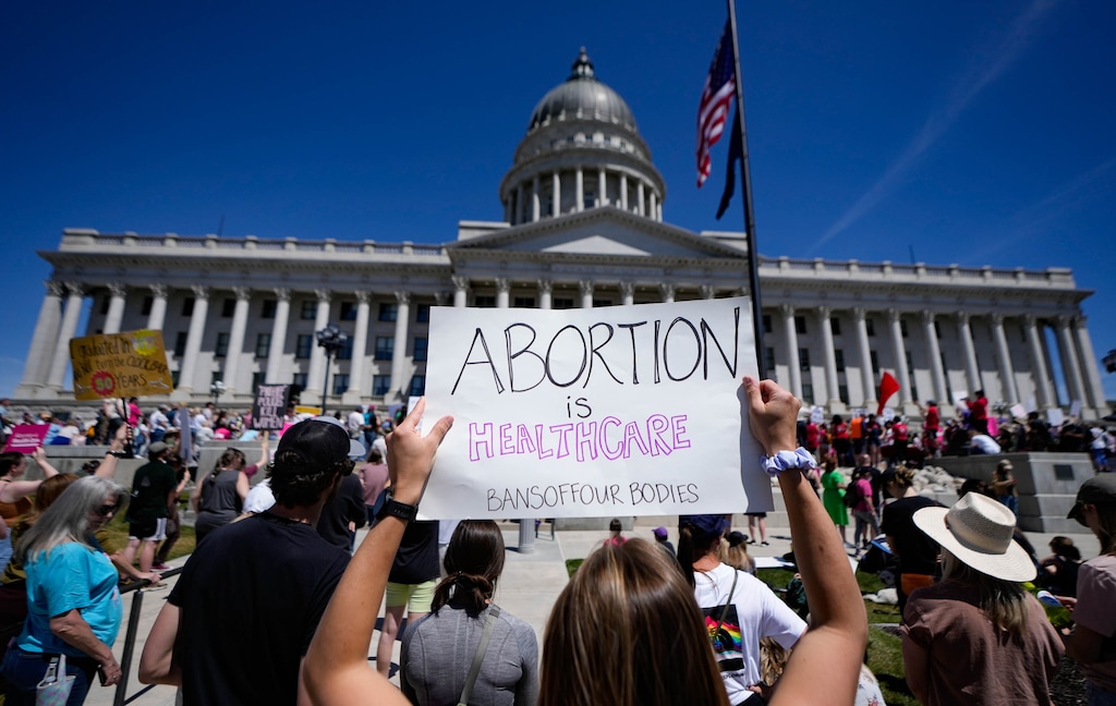 (Francisco Kjolseth | The Salt Lake Tribune) About 2,500 protesters gather at the Utah Capitol for a “Bans Off Our Beehive” rally in support of abortion rights on Saturday, May 14, 2022.