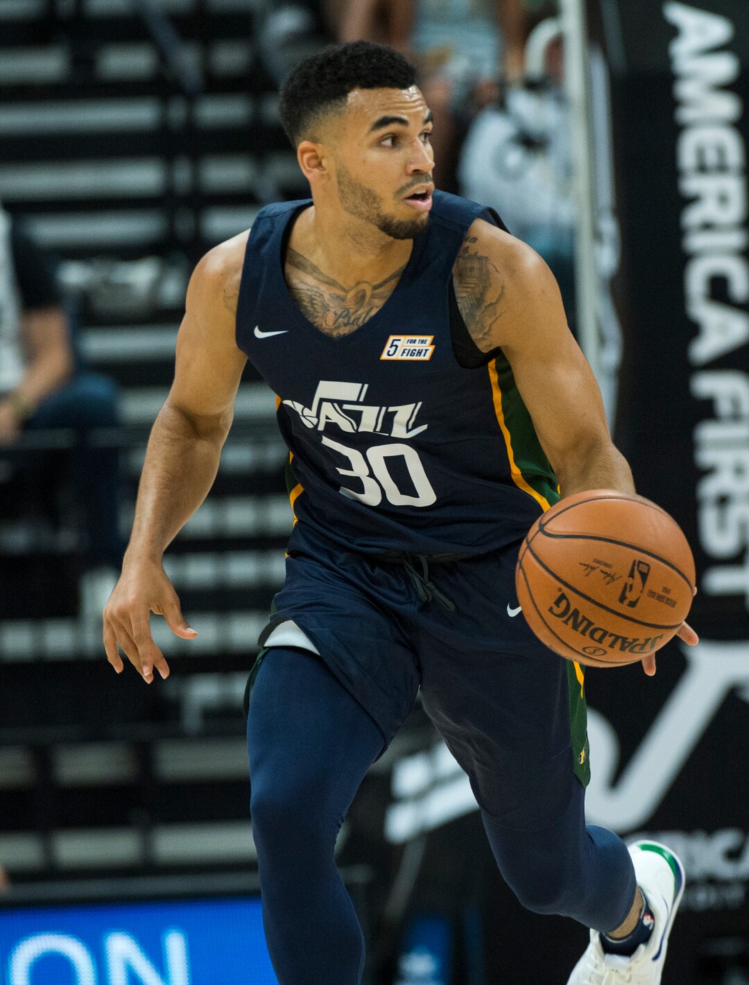 (Rick Egan  |  The Salt Lake Tribune)      Utah guard Naz Mitrou-Long (30) brings the ball down for the Jazz, in Utah Jazz summer league action between Utah Jazz and Memphis Grizzlies in Salt Lake City, Tuesday, July 3, 2018.
