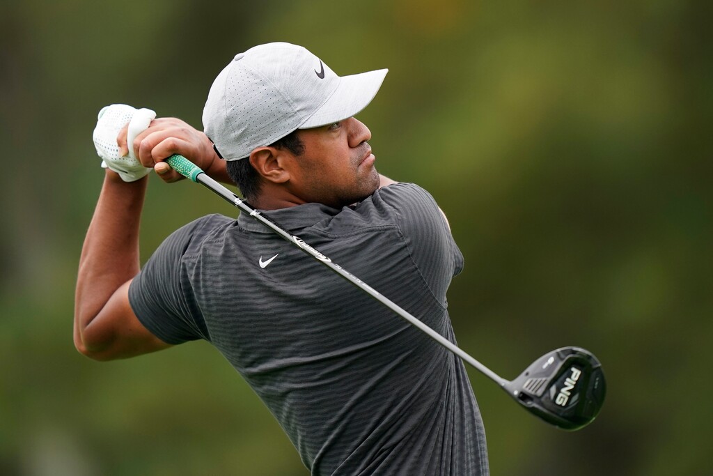 (David J. Phillip | AP) Tony Finau watches his tee shot on the third hole during a practice round for the Masters golf tournament Tuesday, Nov. 10, 2020, in Augusta, Ga.