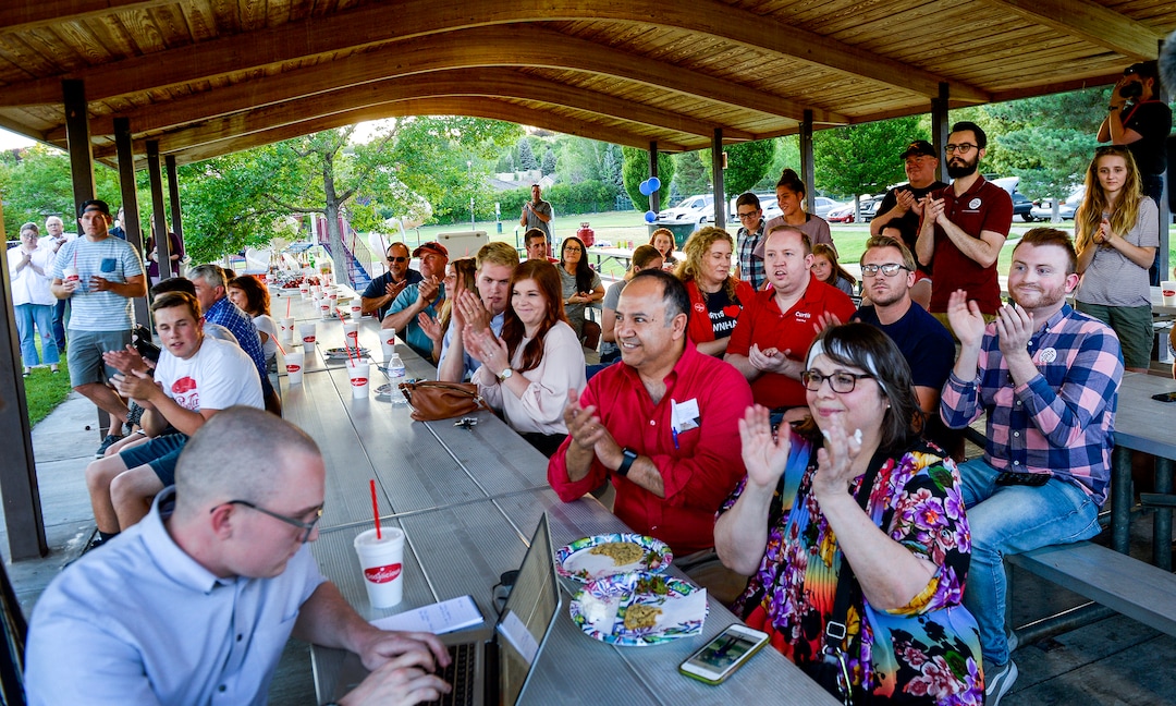 Leah Hogsten  |  The Salt Lake Tribune  Supporters of Rep. John Curtis celebrate the win after he soundly defeated his Republican primary opponent Chris Herrod for the 3rd Congressional District seat at his election party June 26, 2018 at Riverview Park in Provo.