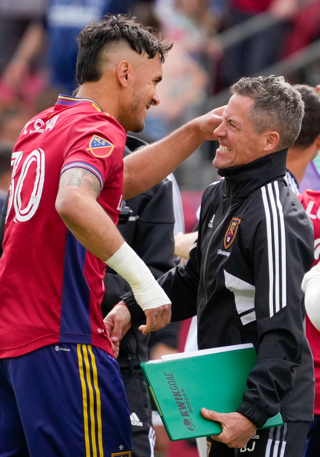 (Leah Hogsten | The Salt Lake Tribune)  Real Salt Lake assistant coach Brett Jacobs celebrates the win with Real Salt Lake defender Marcelo Silva (30) as Real Salt Lake hosts LA Galaxy at Rio Tinto Stadium, Saturday, April 30, 2022. Real Salt Lake defender Marcelo Silva (30) scored the one goal to win the match 1-0. 